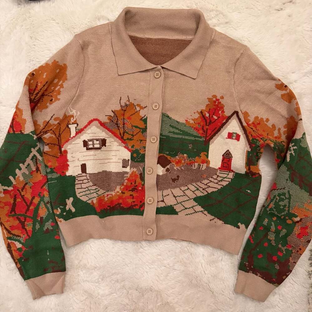Cider Cardigan Size L Fall Landscape Graphic Knit Sweater